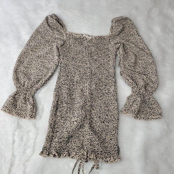 O. Vianca Animal Print Ruffled Smocked Cinched Side Long Sleeve Mini Dress Small - Picture 6 of 12